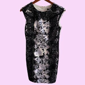 Saks Dress Womens 6 Black White Floral Black Lace Bodycon Sleeveless‎ Zip Up